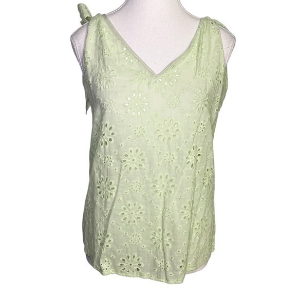 Niay Tops - Niay Light Green Sleeveless Eyelet V-Neck Top